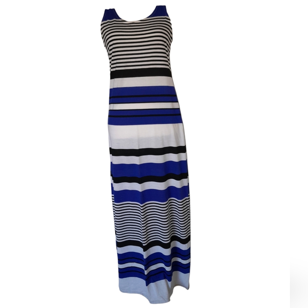 Black Blue & White Striped Maxi Dress